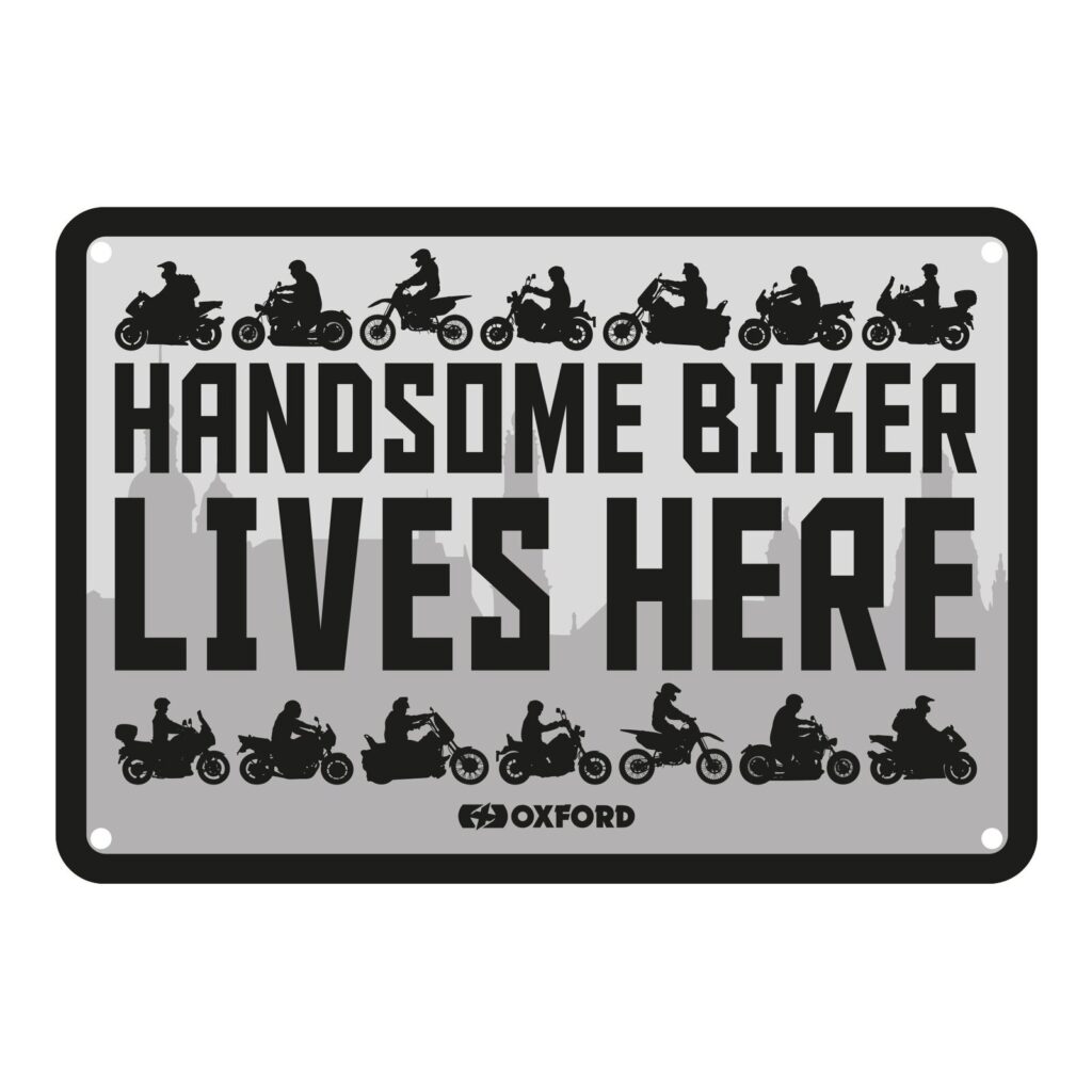 Oxford Garage Metal Sign: "Handsome Biker Lives Here"