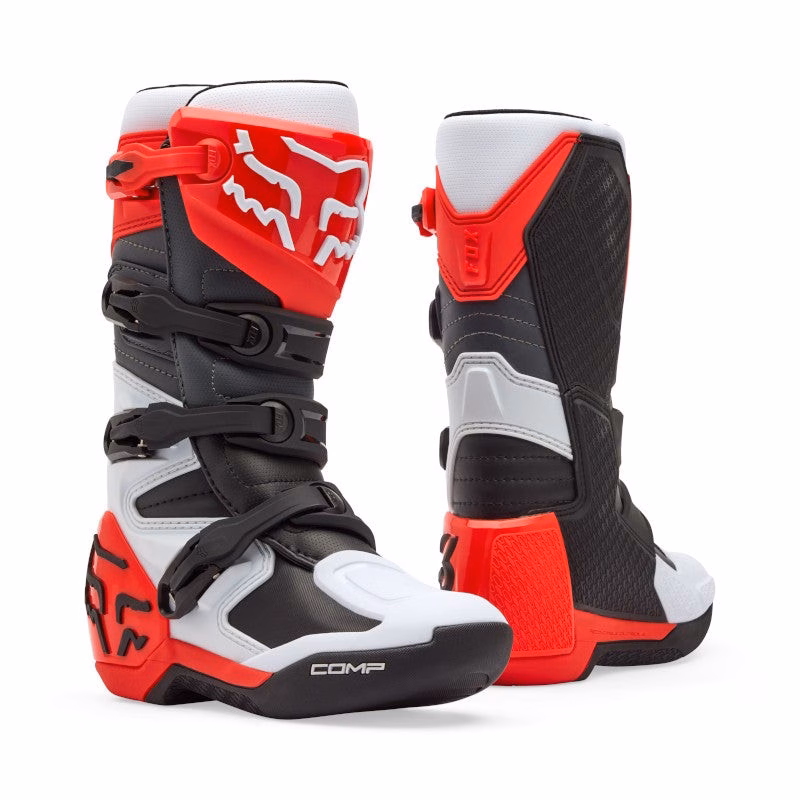 Fox Comp Motocross Boots Youth White/Fluro Red