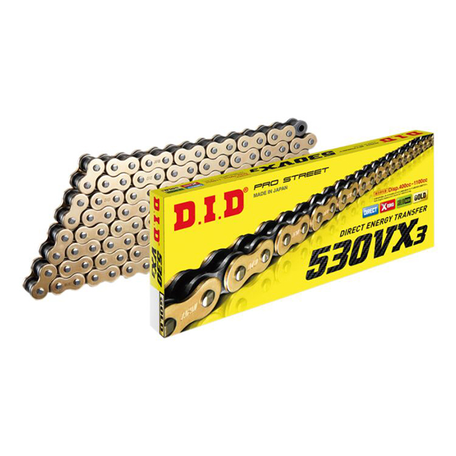 530VX3 x 106ZB X'Ring Gold solid bush DID chain w/rivet