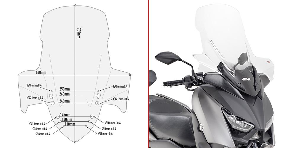 GIVI SCREEN YAMAHA X-MAX '17-> (CZD300) CLEAR 73x64cm (20.5cm TALLER)