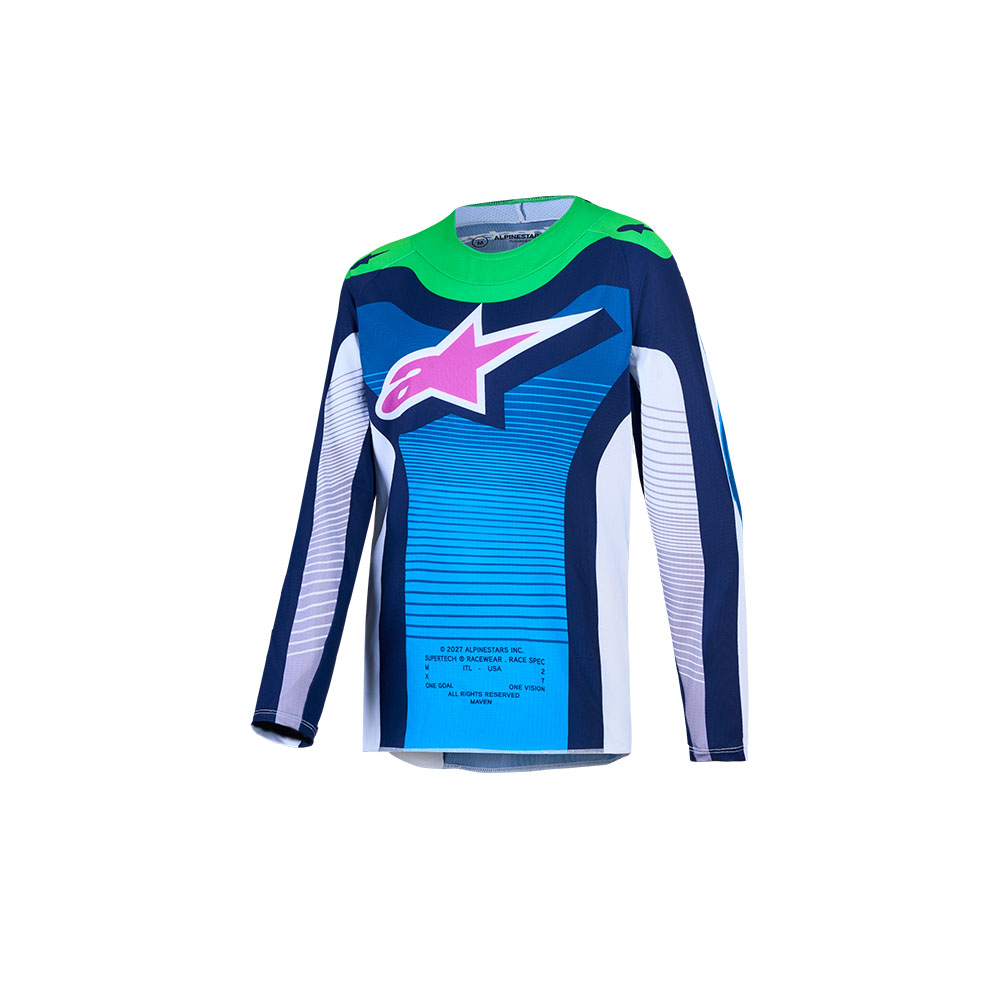 Alpinestars Youth Supertech Maven Motocross Jersey White/Blithe Blue/Green Fluoro - Image 1