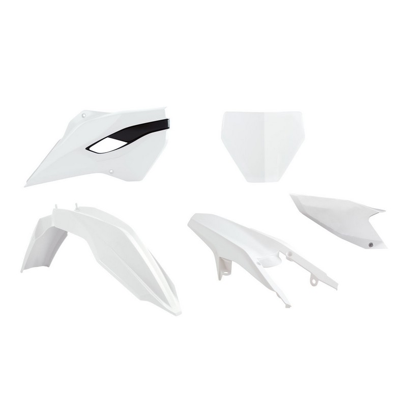 RTECH PLASTIC MX STYLE FRONT/REAR FENDER FRONT NUMBER PLATE RADIATOR SHROUD & SIDE PANEL WHITE - Image 1