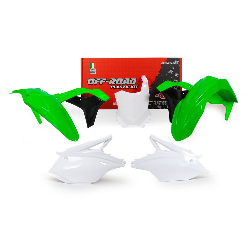 PLASTIC RTECH FRONT FENDER GREEN REAR FENDER SIDEPANEL & NUMBERPLATE WHITE SHROUD GREEN/BLACK KX25 - Image 1