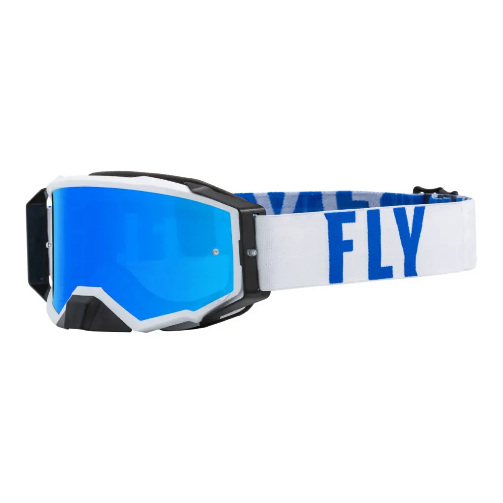 Fly Zone Pro Motocross Goggles White/Blue with Sky Blue Mirror/Smk Lens