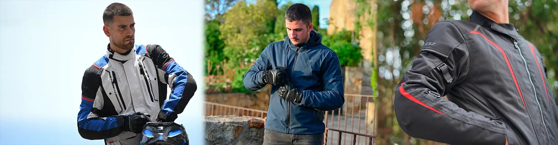 Three men wearing protective motorcycle jackets outdoors